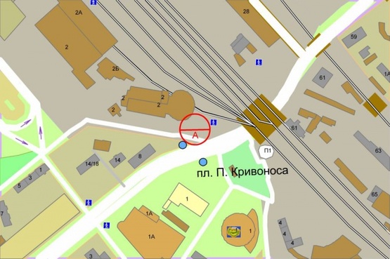 Схема рекламной плоскости по адресу Василия Липковского ул. (Урицкого) /  Николая Осровского ул. (Максима Кривоноса площадь), возле ж/д моста (правый)