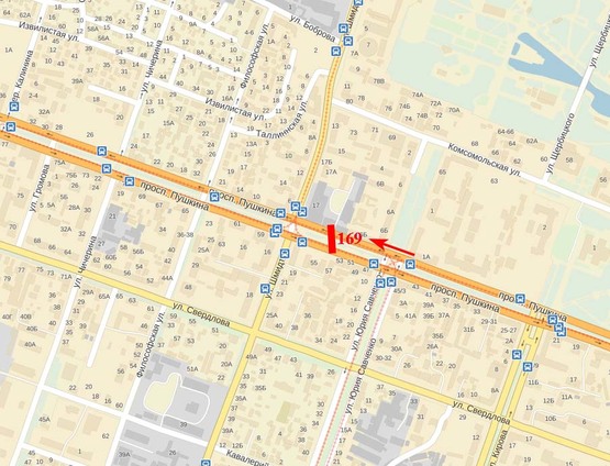 Схема рекламної площини за адресою пр-т Пушкіна - вул. Шмідта, в сторону з/д вокзала