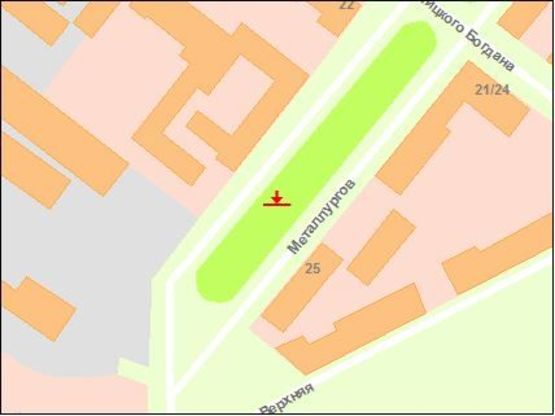 Схема рекламної площини за адресою пр.Металургів -д23.25, (средній), напрямок руху від пр.Соборного