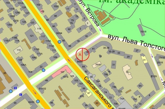 Схема рекламної площини за адресою Льва Толстого ул., 43 / Саксаганского ул.