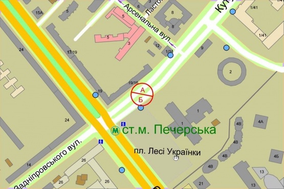 Схема рекламної площини за адресою Генерала Алмазова (Кутузова), 16/19 (розподілювач) рух в бік площі Лесі Українки