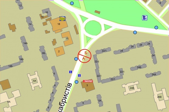 Схема рекламної площини за адресою Декбристів, 1/22 (рух від вул. Архітектора Вербицького, ліворуч)