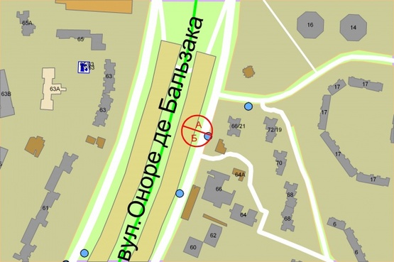 Схема рекламної площини за адресою Оноре де Бальзака, за 60 метрів руху до вул.Костянтина Данькевича, в напрямку вул.Марини Цвєтаєвої, ліворуч