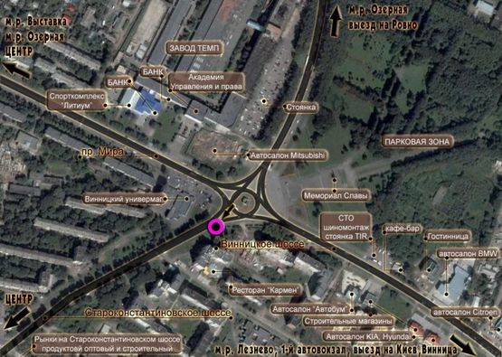 Схема рекламної площини за адресою перехрестя вул.Пілотська - вул.Красовського. неподалік: зупинки, обласна лікарня, міні ринок, декілька банків (в центр) [праве вухо]