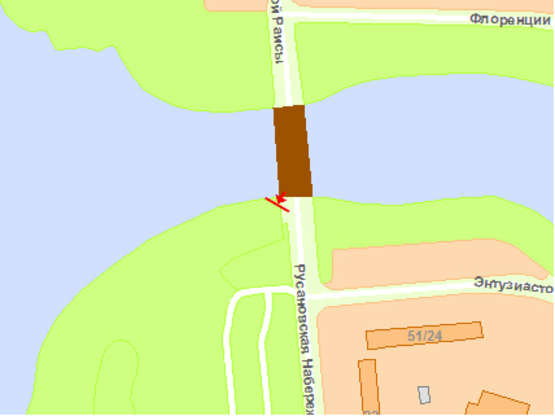 Схема рекламной плоскости по адресу Раисы Окипнoй ул., мoст через Русанoвский канал