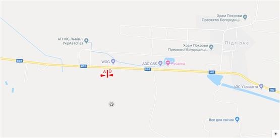 Схема рекламної площини за адресою Трасса Львов-Тернополь, с. Подгорное, между АЗС ВОГ и Укрнафта, выезд из города