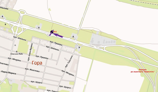 Схема рекламної площини за адресою Бориспільське шосе, 31,6 км,  зупинка Гора, в напрямку Києва