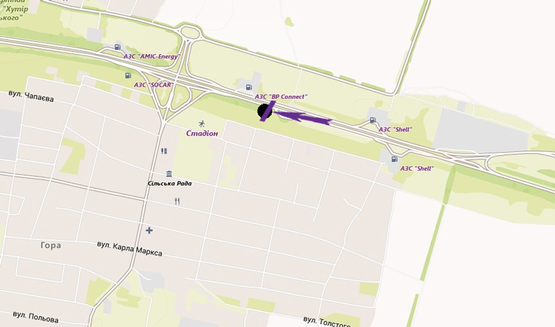 Схема рекламної площини за адресою Бориспільське шосе, 31,5 км, 120 м після зупинки Гора   в напрямку Києва