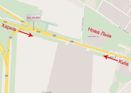 Схема рекламной плоскости по адресу Траса Е40, вул. Київський Шлях, 34км+850м, виїзд з м. Бориспіль на Київ, на розподільчій полосі.