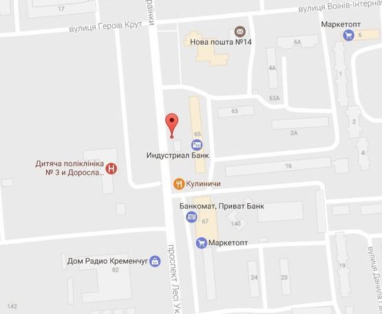 Схема рекламной плоскости по адресу просп. Л.Украинки (просп. 50-лет. Октября), возле дома № 65, район супермаркета «Маркетопт», остановка «Керченская»