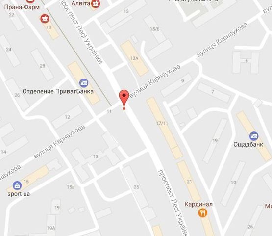 Схема рекламной плоскости по адресу просп. Л.Украинки (просп. 50-лет. Октября), перекрёсток с ул. Карнаухова, напротив  супермаркета  «Сильпо»