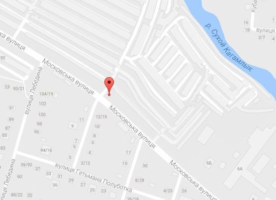 Схема рекламної площини за адресою ул. В.Пугачева (ул. Московская), перекрёсток с ул. Л.Украинки, возле офисного центра «Каскад», район Оптового продуктового рынка, поворот к Строительному рынку