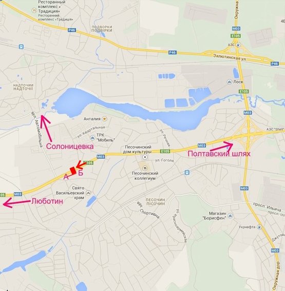 Схема рекламной плоскости по адресу Полтавский шлях-пос.Песочин-ул. Технологическая (выезд из города)