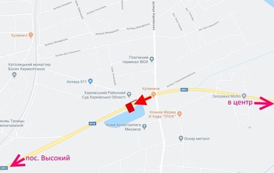 Схема рекламної площини за адресою Симферопольское шоссе- ул. Харьковская -возле районного суда-из центра