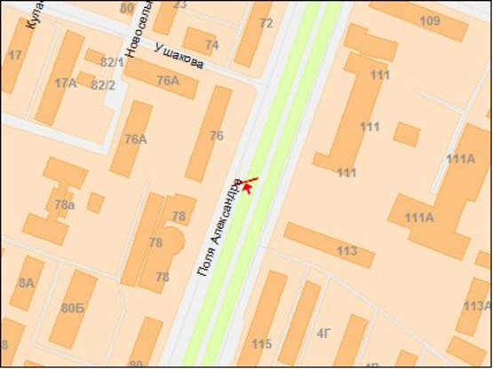 Схема рекламной плоскости по адресу пр.А.Поля,76/пр.Кирова, 76, супермаркет Брусничка, поток движения к пр.Пушкина