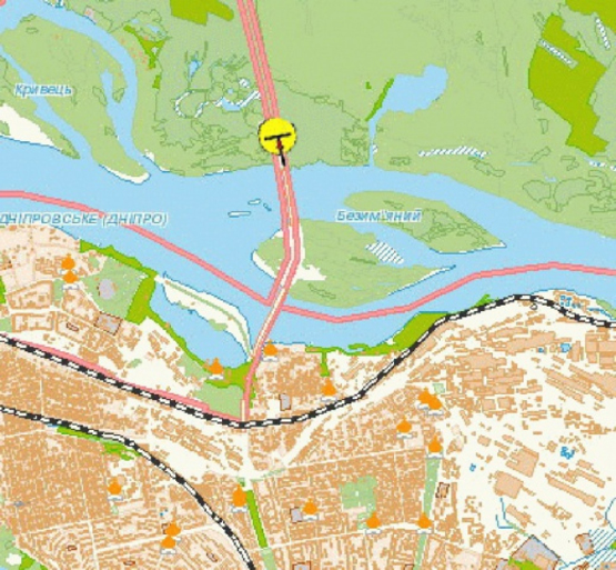 Схема рекламної площини за адресою Лівобережний мостовий перехід, в бік Лівого берега, розподілювач, з центру/Левобережный мостовой переход, в сторону Левого берега, на разделителе, из центра