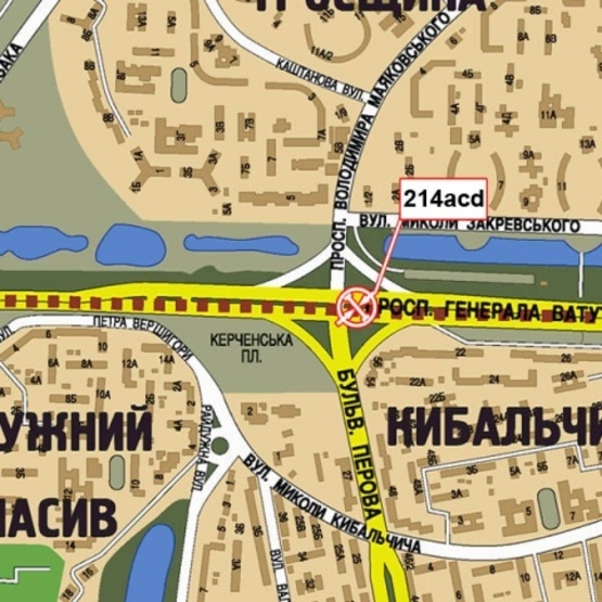 Схема рекламної площини за адресою Ватутина Ген. просп., 22 - бул. Перова (на разделителе, АЗС "WOG", Салон Moto GP, в направлении Московского просп.) призма