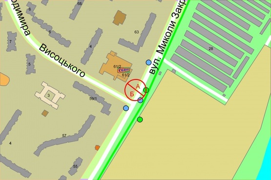 Схема рекламної площини за адресою Закревського Миколи, 61 / Володимира Висоцького бульвар (супермаркет "Сільпо")