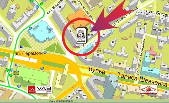 Схема рекламной плоскости по адресу Вул. Гончара, 96 / Пл. Перемоги ("Сільпо")