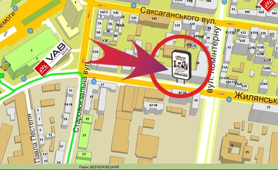Схема рекламної площини за адресою Вул. Жилянська, 142 (магазин "Вейдер")