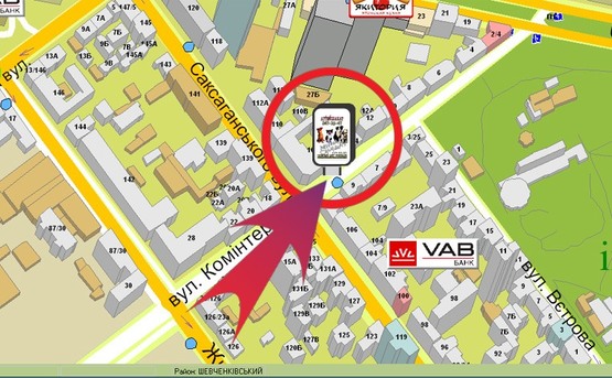 Схема рекламной плоскости по адресу Вул. Комінтерну, 16 / Вул. Саксаганського ("Капро")