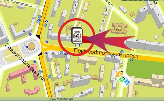 Схема рекламной плоскости по адресу Пр-т Повітрофлотський, 42 ("ДЦ","Універмаг")
