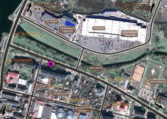 Схема рекламной плоскости по адресу вул.Прибузька - вул.Кам'янецька. неподалік: ТРЦ "Оазис", "Епіцентр", магазин "БУМ" (центр)