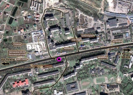 Схема рекламної площини за адресою Львівське шосе (будинок № 47). неподалік: міні ринок, багатоповерхова забудова (в центр, на ринки) Схема рекламної площини за адресою Львівське шосе (будинок № 47). неподалік: міні ринок, багатоповерхова забудова (в центр, на ринки)