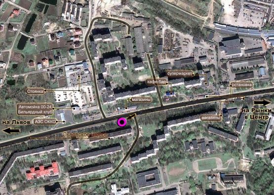 Схема рекламной плоскости по адресу Львівське шосе (будинок № 47). неподалік: міні ринок, багатоповерхова забудова (від центру) Схема рекламной плоскости по адресу Львівське шосе (будинок № 47). неподалік: міні ринок, багатоповерхова забудова (від центру)