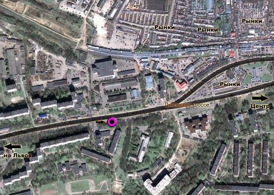 Схема рекламной плоскости по адресу Львівське шосе (районна лікарня). неподалік: міні ринок, багатоповерхова забудова, JСauto, супермаркет (в центр, на ринки)