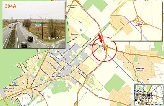 Схема рекламної площини за адресою Бровары - окружная, а/д Киев-Чернигов 05, км 31+900 м, слева - за развязкой на Прилуки, выезд с ул. Гоголевской; направление в Киев (12 км)