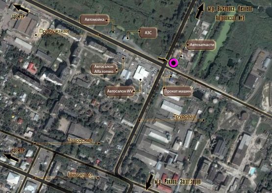 Схема рекламной плоскости по адресу Т-подібне перехрестя вул.Прибузька - вул.Трудова (СТО), неподалік: АЗК, автосалон+СТО "Skoda, VW, Honda, Fiat", СТО, ресторан "Sobkoff" (від центру) "A"