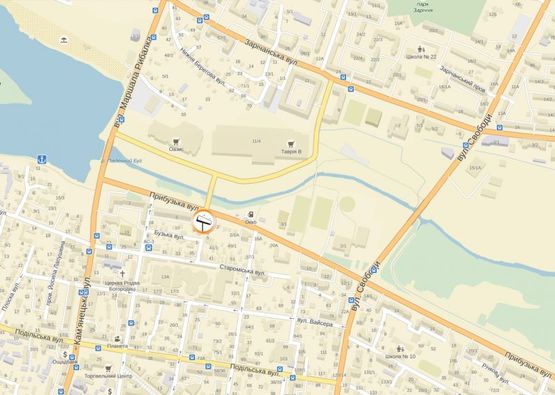 Схема рекламной плоскости по адресу вул.Прибузька, 6 (міст на "ЕпіцентрК"), неподалік: "Епіцентр", супермаркет "Таврія В", "Сільпо", ТРЦ "Оазис", центральний ринок, елітна забудова "Набережний квартал" (центр) "В"