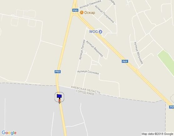 Схема рекламної площини за адресою Траса "Київ-Іванків-Овруч", Р-02 км 18+ 700 ліво, м. Київ, пос. Микільський, 600 м. до завода SANDORA, 1 км до КПП, на c. Нові Петрівці