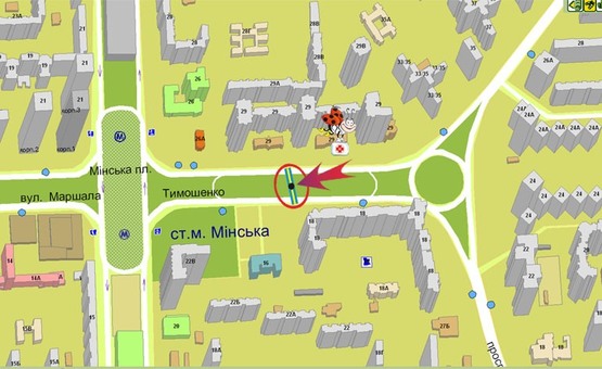 Схема рекламної площини за адресою Тимошенко 20 (А) (разделитель) напр. на ст.м.Минская (левый)