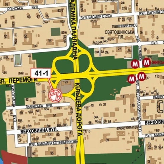 Схема рекламной плоскости по адресу Победы просп., 125, (500м. к ст. м.  Житомирская, Киевский Международный Ун-т,), в направ. Кольцевой дороги