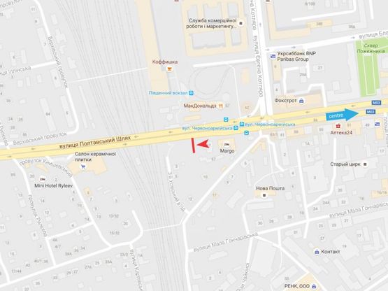 Схема рекламной плоскости по адресу Полтавский ул.,67 - Евгения Котляра ул. (ЮЖД), из центра Схема рекламной плоскости по адресу Полтавский ул.,67 - Евгения Котляра ул. (ЮЖД), из центра