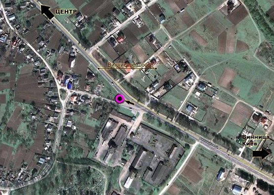 Схема рекламной плоскости по адресу Т-подібне перехрестя Вінницьке шосе - вул.Профспілкова. неподалік: оптові бази буд матеріалів, побутової хімії, садівництва (в'їзд в місто, в центр) [праве вухо]