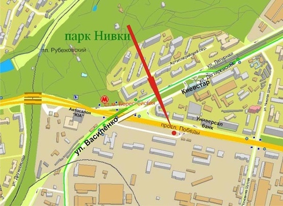 Схема рекламной плоскости по адресу Пр.Победы,55/ ул.Василенко (ст.м. «Берестейская»)-из центра