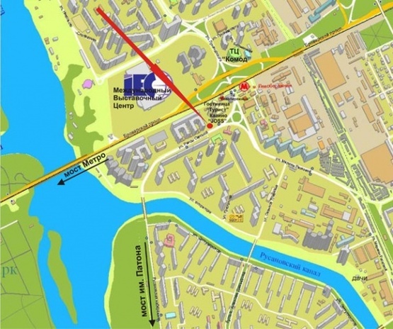 Схема рекламної площини за адресою ул.Р.Окипной (ст.м."Левобережная", возле гостиницы "Турист")-в центр Схема рекламної площини за адресою ул.Р.Окипной (ст.м."Левобережная", возле гостиницы "Турист")-в центр