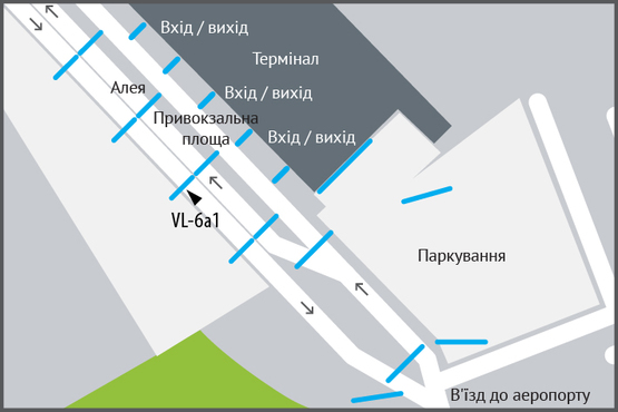 Схема рекламної площини за адресою Аеропорт «Львів» (алея перед терміналом), в'їзд Схема рекламної площини за адресою Аеропорт «Львів» (алея перед терміналом), в'їзд