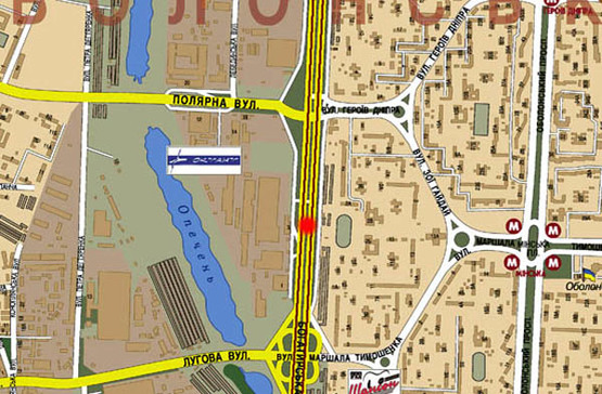 Схема рекламной плоскости по адресу ул. Богатырская (разделитель, в центр) завод "Оболонь" (А)