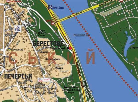 Схема рекламной плоскости по адресу Набережное шоссе между мостом Метро и мост Патона  (призма А2)