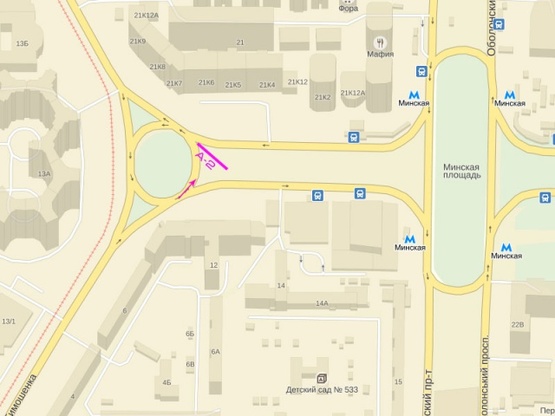 Схема рекламної площини за адресою Маршала Тимошенко ул., 21к6, м. Минская, университет Бориса Гринченко, Еко-Маркет, Огромное количество Банков и магазинов