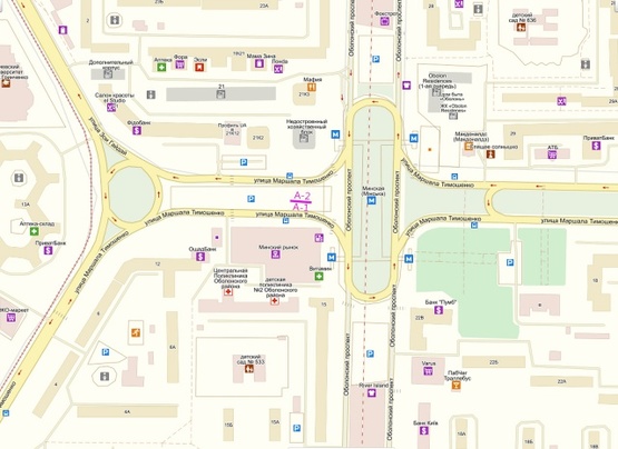 Схема рекламной плоскости по адресу Маршала Тимошенко ул., 21к1, выход из м. Минская, Рынок Минский, конечная остановка общественного транспорта