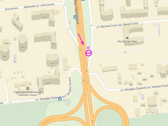 Схема рекламной плоскости по адресу Палладина 18/30 Крупная транспортная развязка, большое количество банков, офисов, магазинов. БЦ "Хай-Тек парк"