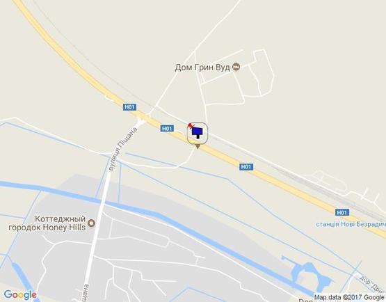 Схема рекламної площини за адресою Новообухівська траса, км 35+120 право, перед ж/д станция, напротив кот. Городок "Грин Вуд", за поворотом на с. Новые Безрадичи