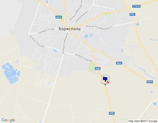 Схема рекламной плоскости по адресу в'їзд в м.Бориспіль з Черкас (1,5 км), траса Н-08, км 2+030 ліво, за 400м до АЗС "БРСМ", 1 км до АЗС "Sun Oil"