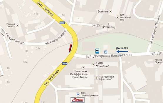 Схема рекламної площини за адресою Вашингтона - вул. Зелена (навпроти вул. Вашингтона, зліва)  верхній Схема рекламної площини за адресою Вашингтона - вул. Зелена (навпроти вул. Вашингтона, зліва)  верхній