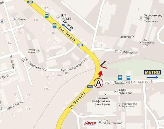 Схема рекламної площини за адресою вул.Зелена, 143а  №1 (переїзд біля вул. Дж. Вашінгтона) А
